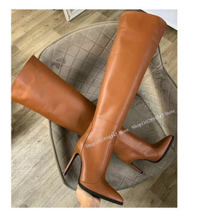 Brown Knee High Zipper Boots Pointed Toe Thin High Heel Fashionable Sexy Cool Winter