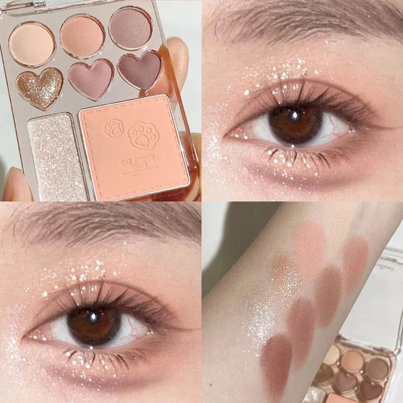 Cat Claw Eyeshadow Palette Blush Highlight Makeup Palette Pearly Shimmer Caramel Pink Brown Earth Color Love Eye Shadow Pallete