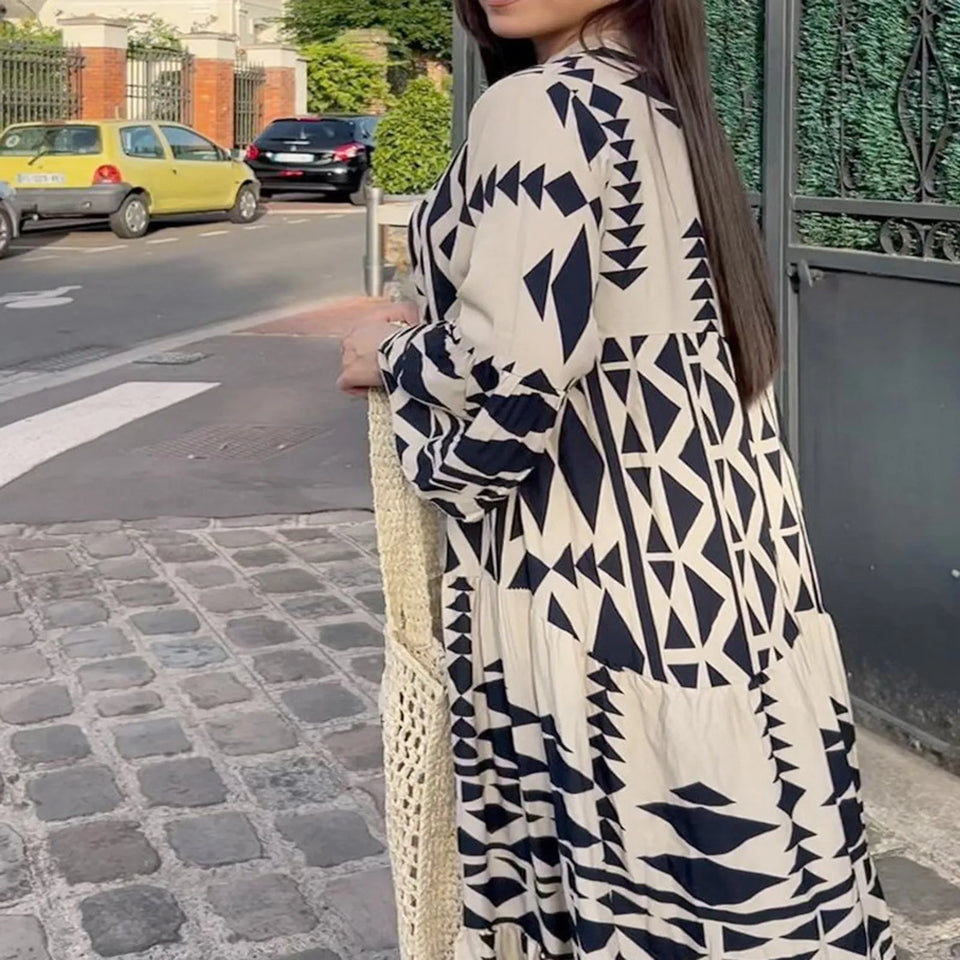 Summer Shirt Dresses Women Long Sleeve Pleated Boho Print Long Dress Robe Ladies Fashion Vintage Beach Maxi Dresses Vestidos