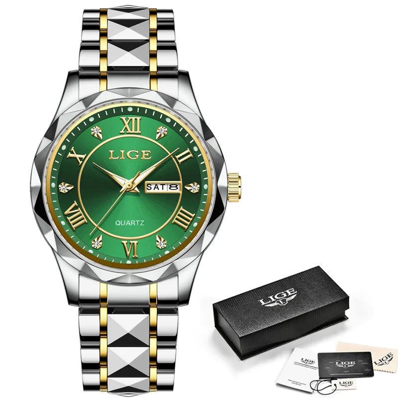 LIGE Luxury Quartz Men Watch Waterproof Luminous Date Week Man Watch Stainless Steel Business Wristwatches Male Clock Reloj+Box