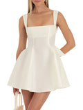 Women Summer Back Bow Short Sling Dress Solid Color Sleeveless Backless Square Neck Party Club A-line Dress