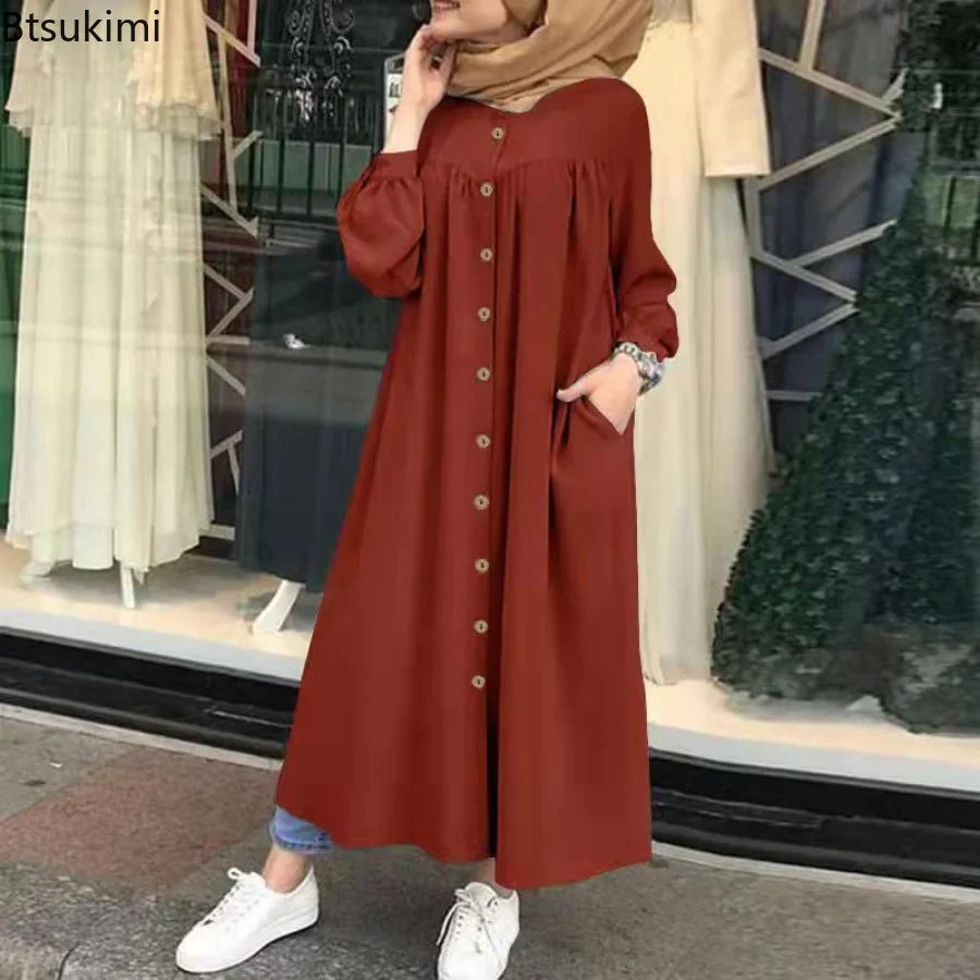 Women's Casual Muslim Dress Button Solid Long Sleeve Shirt Dress Pocket Robe Abayas for Women Open Abaya Dress