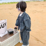 Baby Boys Jeans Sets Fashion Cool Coats Tops Wide Leg Pants 2025 Spring Autumn New Korean Style Childrens Two Piece Sets
