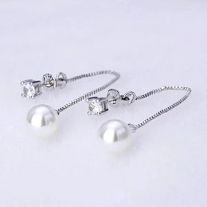 Fashion Silver-color Simulated Pearl Pendant Long Chain Cubic Zirconia  Earrings Bridal Wedding  Jewelry Drop