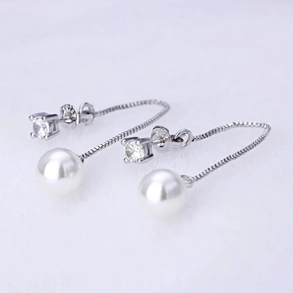 Fashion Silver-color Simulated Pearl Pendant Long Chain Cubic Zirconia  Earrings Bridal Wedding  Jewelry Drop