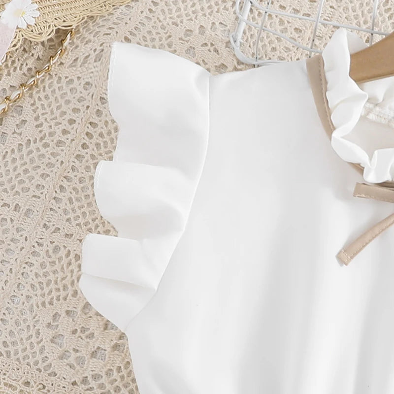Kids Dress For Girls White Petal Sleeves Pleated Khaki Skirt &Bow tie Preppy Style Elegant Birthday Party Clothes For 8-12 Years