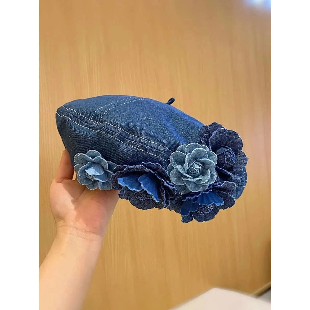 Ladies New Denim Beret Hats Flower Cowboy Vintage Luxury Hat