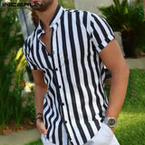 Men Striped Shirt Stand Collar Short Sleeve Casual Men