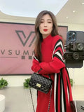 Casual Strip Knitwear Loose Midi Dresses  Elegant Half Turtleneck Knitted Dress Sweater