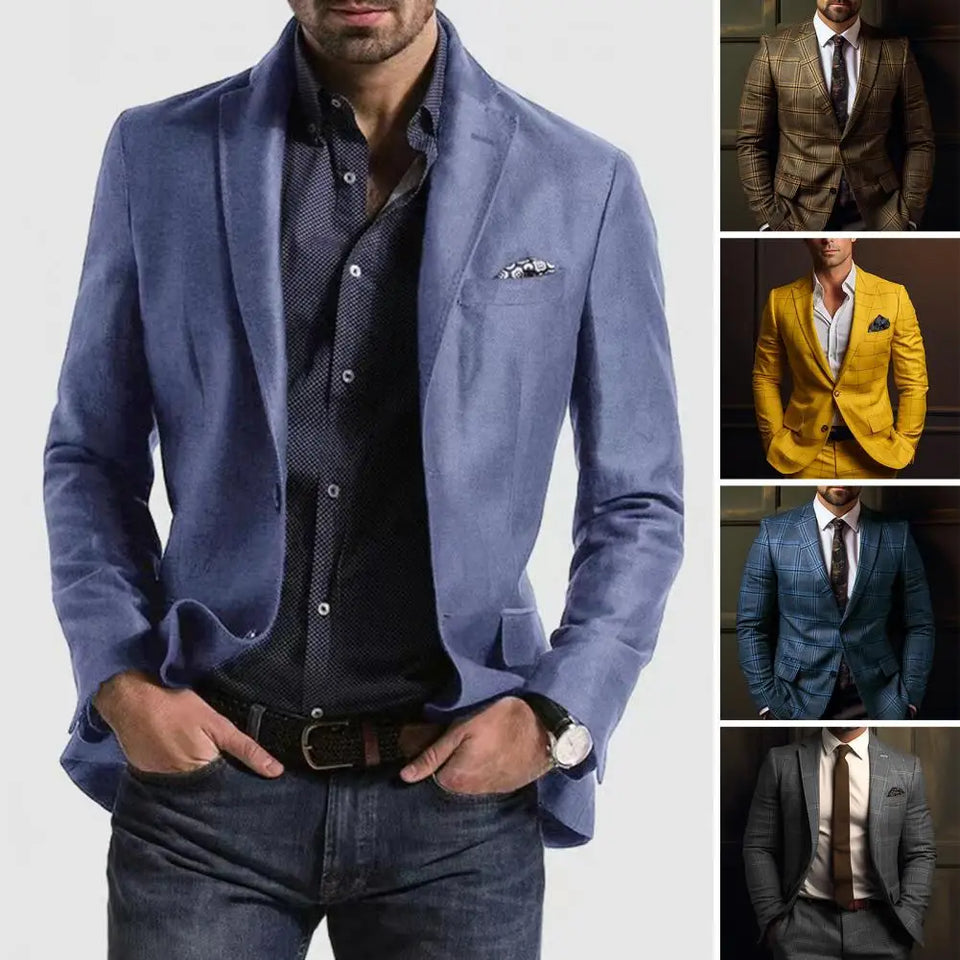 Men Suit Jacket Formal Plaid Print Long Sleeve Single Button Closure Business Coat