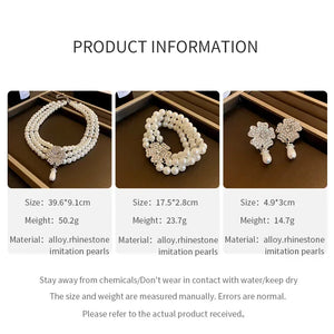 Flower Party Necklaces Women French Luxury Imitation Pearl Multi-layer Necklaces Bracelet Earrings Shiny Rhinestone Jewelry Sets