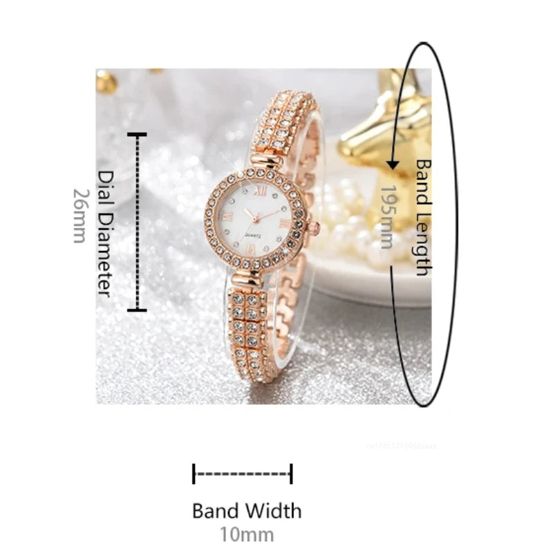 6pcs/set Jewelry Sets Women Quartz Watch Luxury with Stainless Steel Strap Clock Rhinestone Ring Necklace Earrings