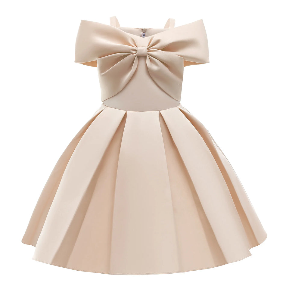 2024 New Girl Summer Solid Dress Bowknot Short Sleeve Shoulderless Children Skirts Breathable Quick Drying Casual Kids Dresses