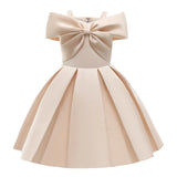 2024 New Girl Summer Solid Dress Bowknot Short Sleeve Shoulderless Children Skirts Breathable Quick Drying Casual Kids Dresses