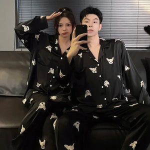 Fashion Design Pajamas Suit Women Men Ice Silk Long Sleeves Home Colth Couples Satin Thin Sleepwear Set Cool Summer Male Female