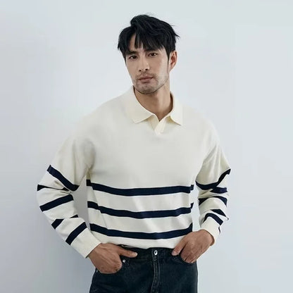 Autumn Simple Lapel Striped Sweater For Men Casual Vintage Korean Fashion