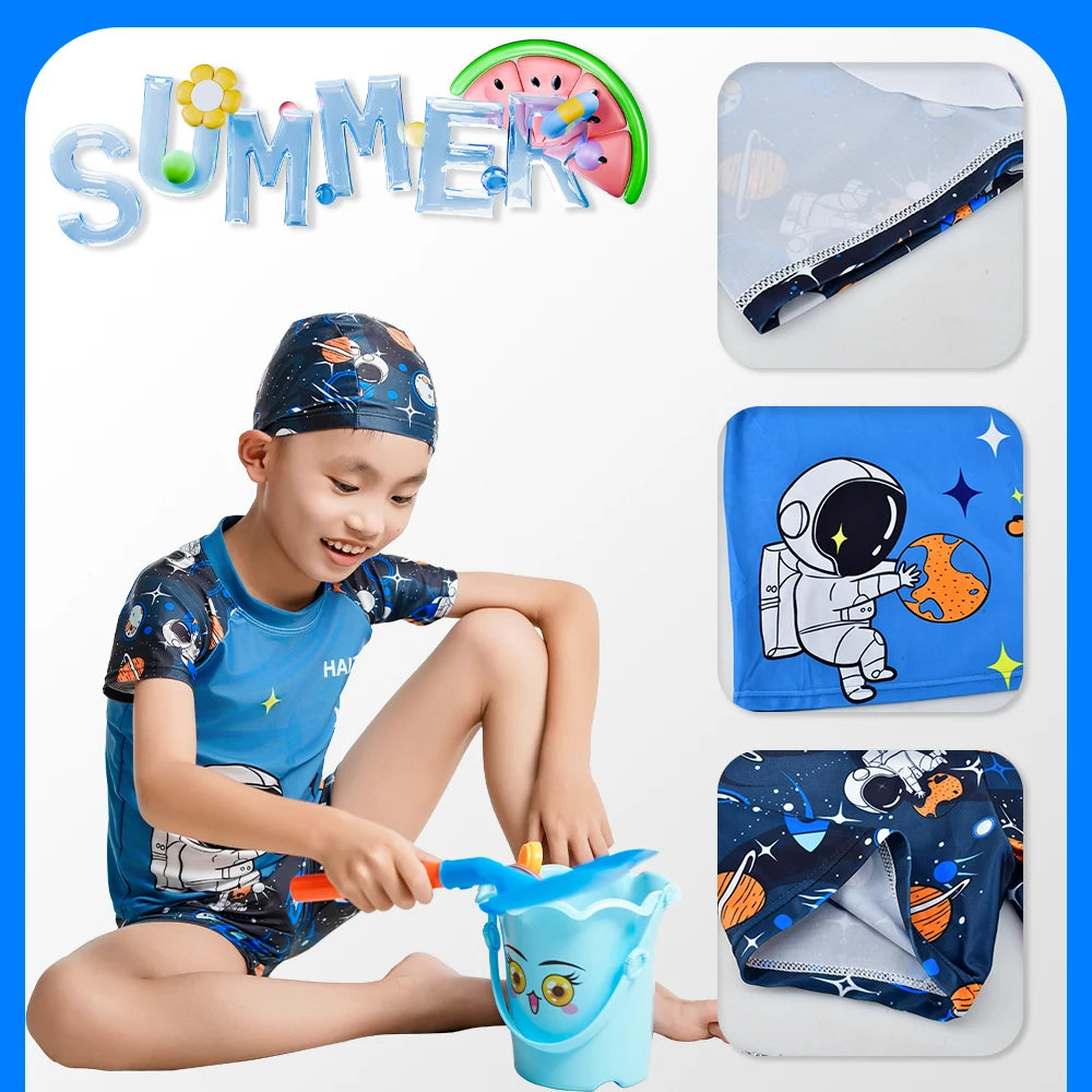 Boys Swimsuit 3-Piece Rashguard Sets Cute Cartoon Print Kids Beach Suit Short Sleeve Swimwear with Swim Hat Toddler BeachWear