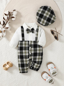 Newborn Literary Style Boy Baby Lapel False Strap Black Plaid Color