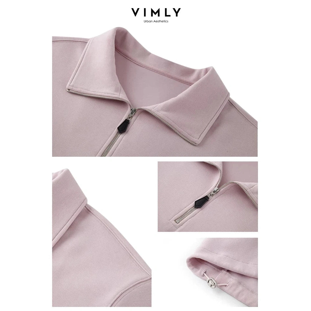 Vimly Apricot Half Zipper Short Sweatshirts  Spring Lapel Elastic Hem Pullovers Casual Loose Long Sleeve Top for Woman