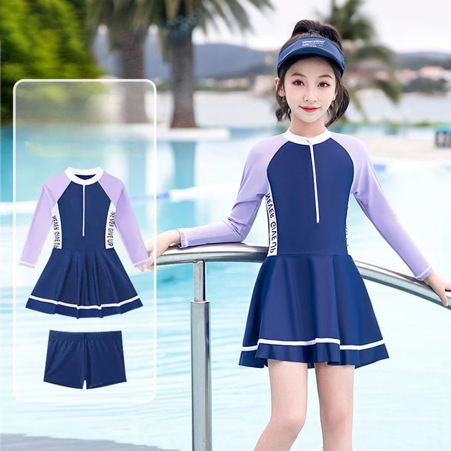 New Kids Long-sleeve Swimsuit For Girl With Underwear Teenager Girls Summer Beach Bathing Suit