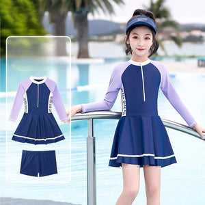 New Kids Long-sleeve Swimsuit For Girl With Underwear Teenager Girls Summer Beach