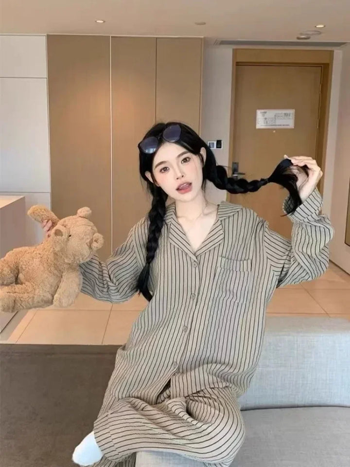 Couple Pajamas for Men Fleece Autumn Sleepwear Korean Sleeping Night Wear Striped Pijama 2 Pcs Pants Sets Pocket Home Suit 2024
