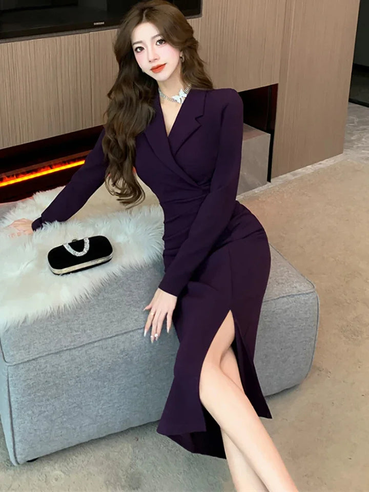 Women Pink Pleated Bodycon Formal Long Dress Autumn Winter Long Sleeve Chic Suit Dress