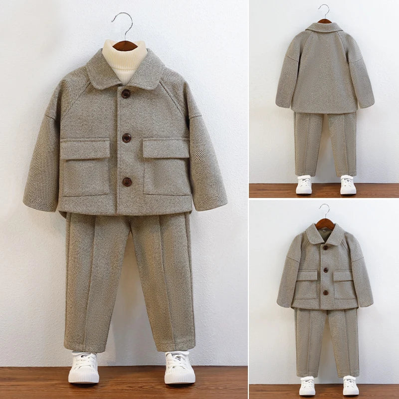 Children Autumn Outfits Gray Casual Blazers Jacket Trousers Two-piece 2 To 12 Years Kids School Uniform Spring Boys Wedding Suit