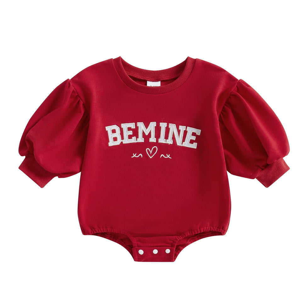 Infant Baby Girl Romper Autumn Valentine's Day Clothes Letter Embroidery Long Lantern Sleeve Crew Neck Bubble Jumpsuit for 0-18M