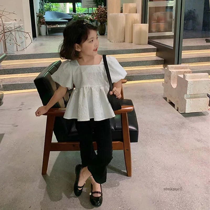 Girls Set Sweet Square Neck Bubble Backless Top with Side Split Flare Pants