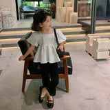 Girls Set Sweet Square Neck Bubble Backless Top with Side Split Flare Pants
