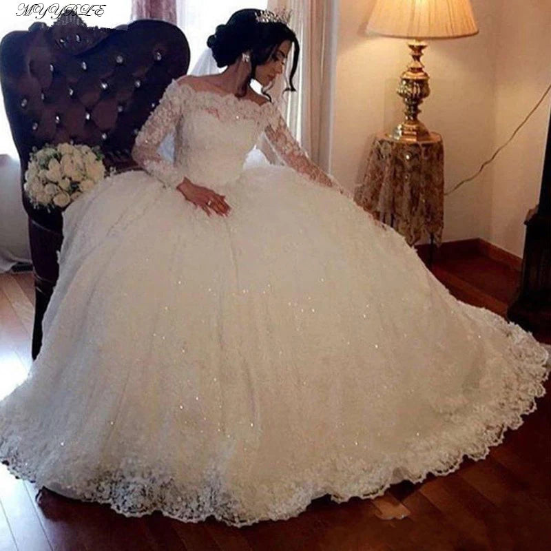 White Ball Gown Wedding Dress Long Sleeves Lace Sequin AppliquesBridal Dresses Princess Wedding