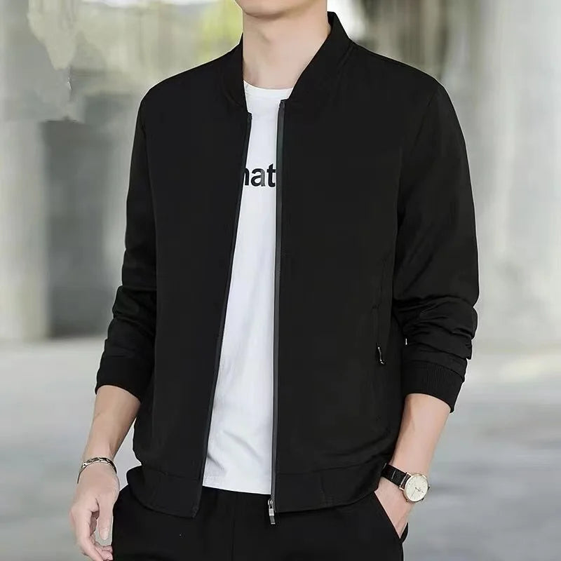 Casual Luxury Solid Color Men's Jacket Spring Autumn Thin V-neck Baseball Jacket for Men Zipper Up Jacket Man Outerwear Tops 3XL