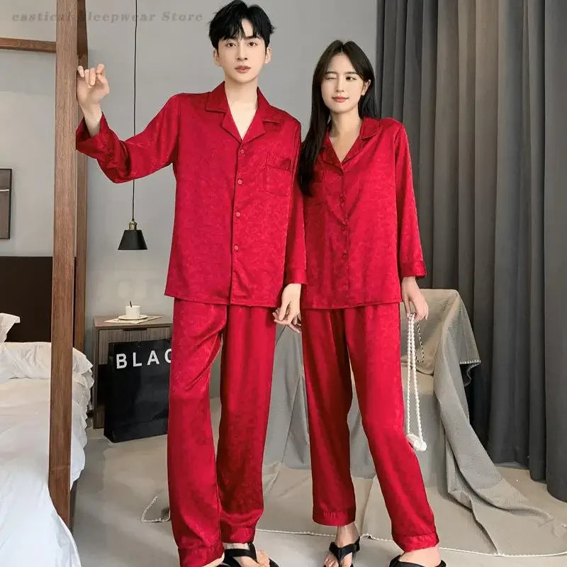 Couple's Newlywed Pajamas Set Women Long Sleeves Shirt&Pants Home Wear Men's Silky Satin Sleepwear Bride Groom's Red Nightwear