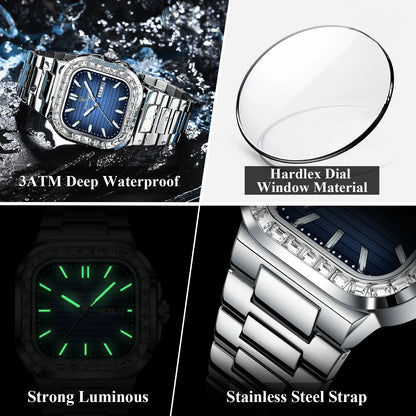 POEDAGAR Top Brand Luxury Watch for Men Waterproof Luminous Date Week Man Wristwatch Stainless Steel Square Quartz Men's Watches