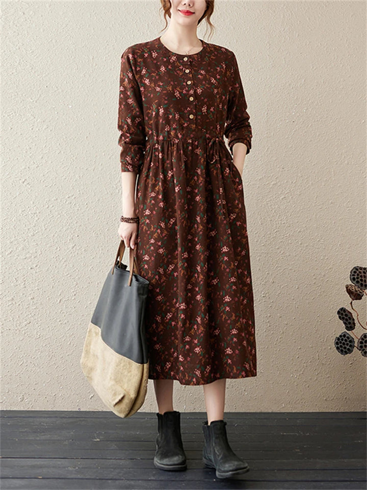 Long Sleeve Cotton Linen Vintage Floral Print Dresses For Women  Casual Dress Robe Femme Elegant Clothing