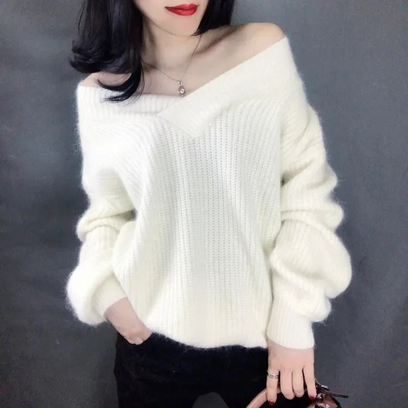 Ladies V-neck Pullover Knitted Autumn Winter Female New Solid Color Knit Coat