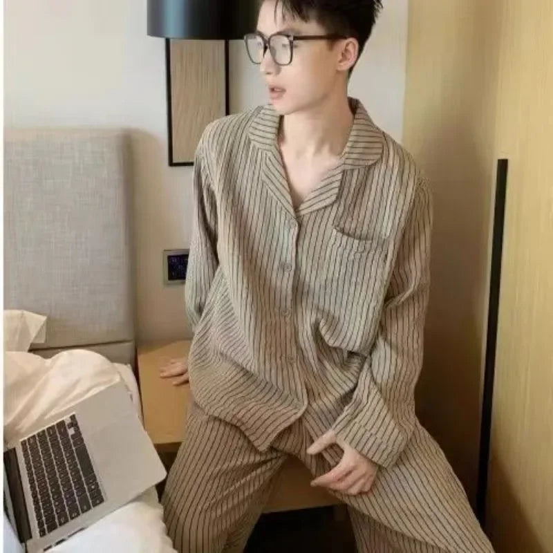 Couple Pajamas for Men Fleece Autumn Sleepwear Korean Sleeping Night Wear Striped Pijama 2 Pcs Pants Sets Pocket Home Suit 2024