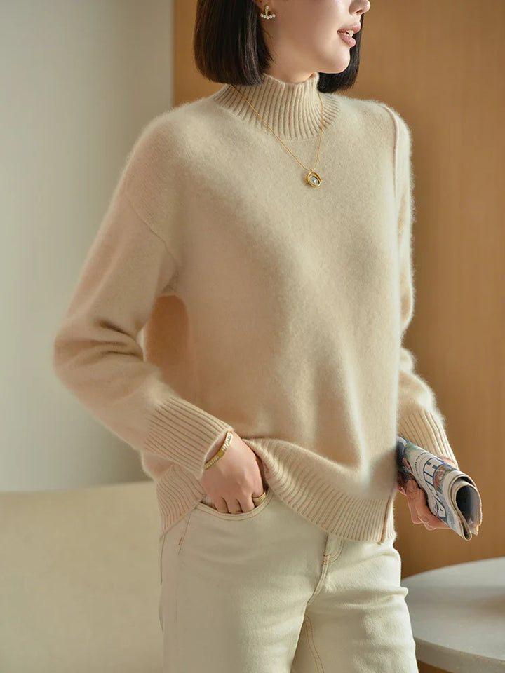 100% Pure Wool Sweater Women's Autumn/Winter Half High Collar Solid Color