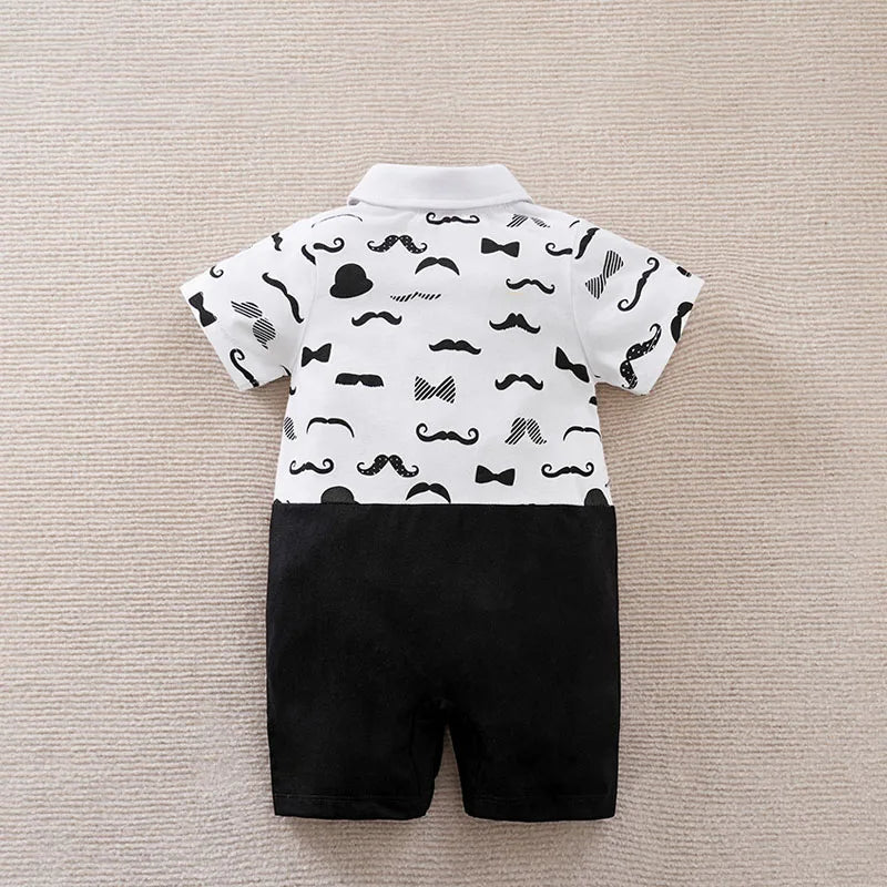 Boys Cartoon Printed Clothes Short Sleeve Bow Tie Romper  Moustache Cotton Baby Gentleman
