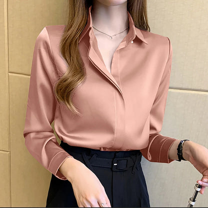 Satin Women Shirt Vintage Long Sleeve Blouse Women Silk Elegant Womens Tops  Shirt Autumn Female Clothing