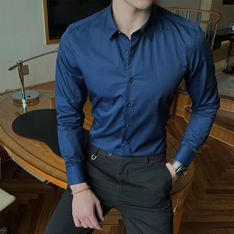 7 Colors Men's Business Fashion Solid Color Long Sleeve Shirt