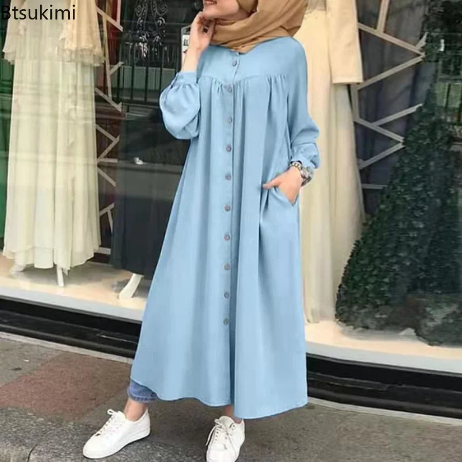 Women's Casual Muslim Dress Button Solid Long Sleeve Shirt Dress Pocket Robe Abayas for Women Open Abaya Dress