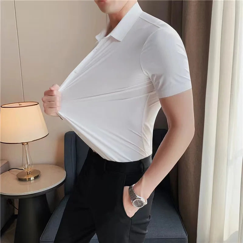 Men's short-sleeved shirt high stretch seamless ice silk non-ironing