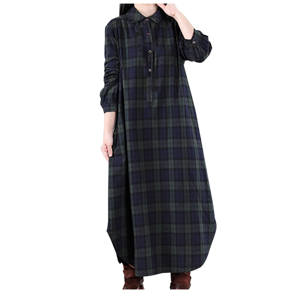 Women Autumn Checked Shirt Dress Lapel Long Sleeves
