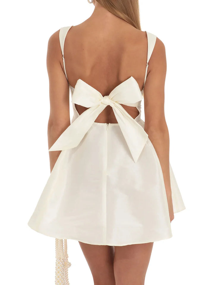 Women Summer Back Bow Short Sling Dress Solid Color Sleeveless Backless Square Neck Party Club A-line Dress