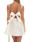 Women Summer Back Bow Short Sling Dress Solid Color Sleeveless Backless Square Neck Party Club A-line Dress