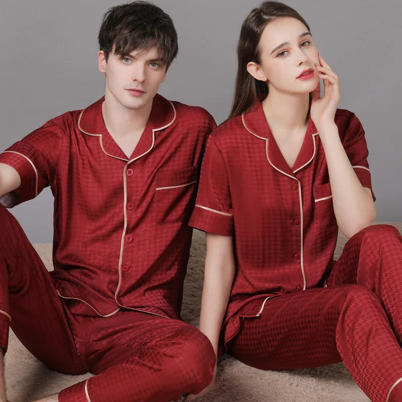 High Quality Couple Pajamas Suit Summer Short Sleeve Long Pant Home Cloth Men Ice Silk Thin Satin Large Size Sleepwear Set Women