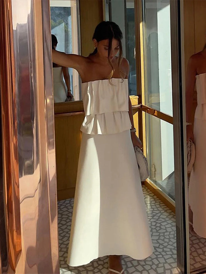 Sexy Tierred Folds Strapless Maxi Dress Women Slim Fit Off Shoulder A-line Sleeveless Dresses Female Summer Evening Party Robes