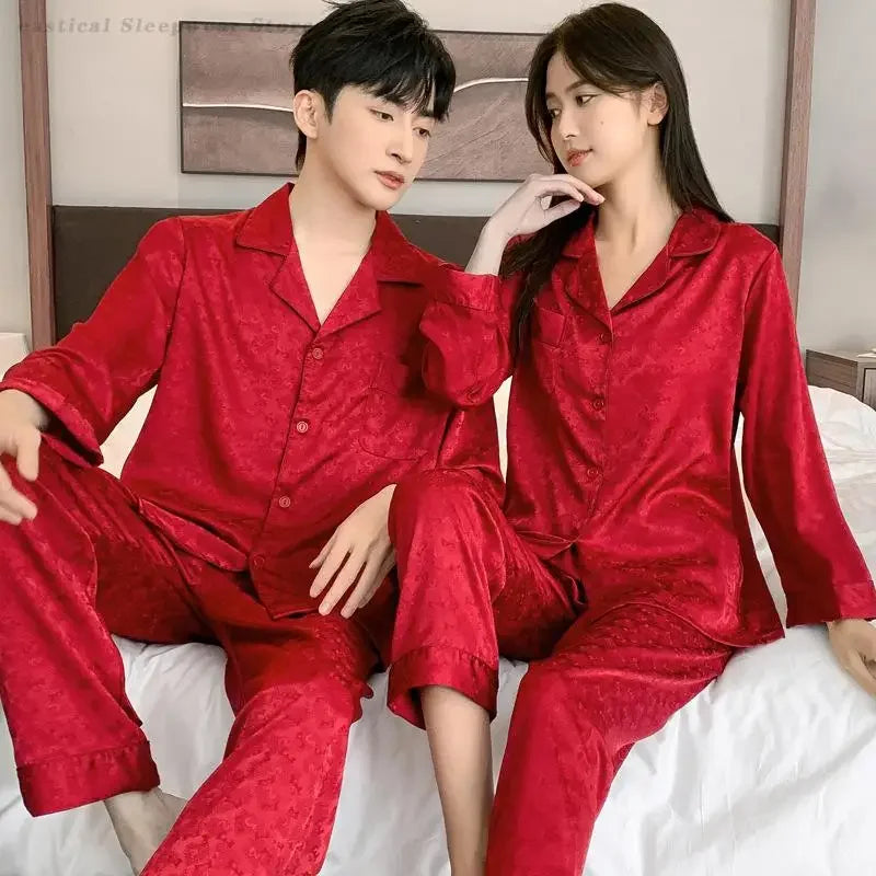 Couple's Newlywed Pajamas Set Women Long Sleeves Shirt&Pants Home Wear Men's Silky Satin Sleepwear Bride Groom's Red Nightwear